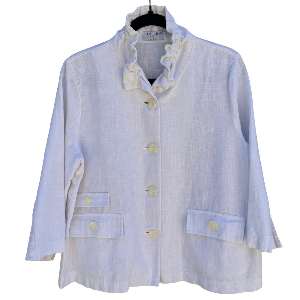 Terra SJ Apparel Linen Ruffle Collar Blazer Jacket Womens M Coastal Lagenlook